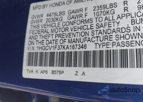 2019 Honda Accord Sport from USA, damaged, VIN 1HGCV1F37KA167346